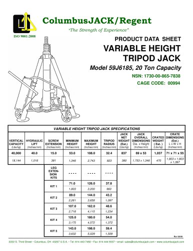 Variable Height Tripod Jack 20 Ton Capacity