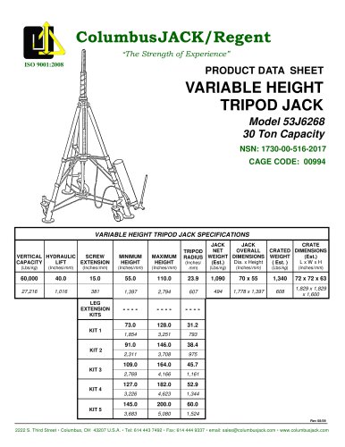 Variable Height Tripod Jack 30 Ton Capacity