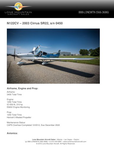 N122CV – 2003 CIRRUS SR22