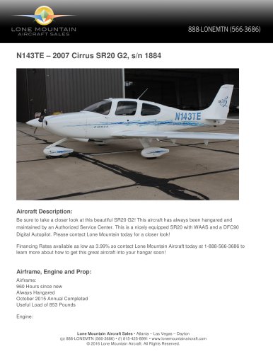 N143TE – 2007 CIRRUS SR20 G2