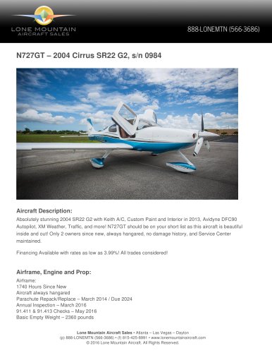 N727GT – 2004 CIRRUS SR22 G2