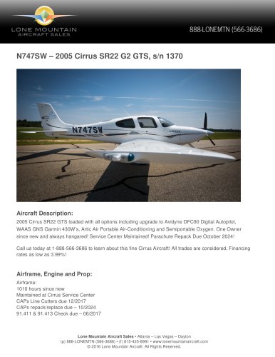 N747SW – 2005 CIRRUS SR22 G2 GTS