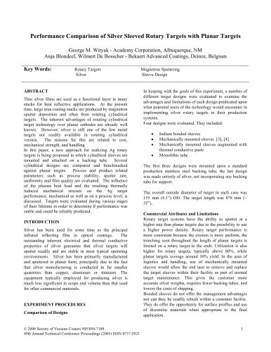 Rotatable Sputtering Targets - Performance Comparison of Silver Sleeved Rotary Targets with Planar Targets