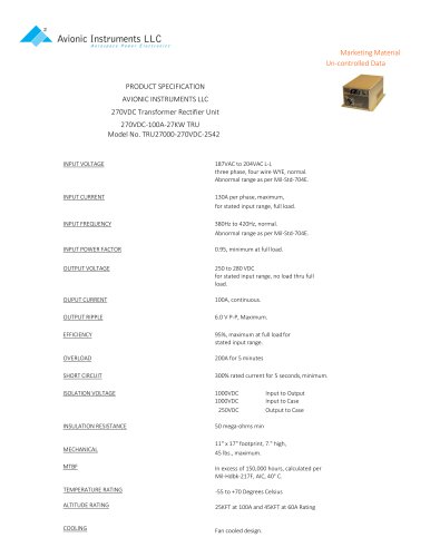 AVIONIC INSTRUMENTS LLC 270VDC Transformer Rectifier Unit 270VDC-100A-27KW TRU