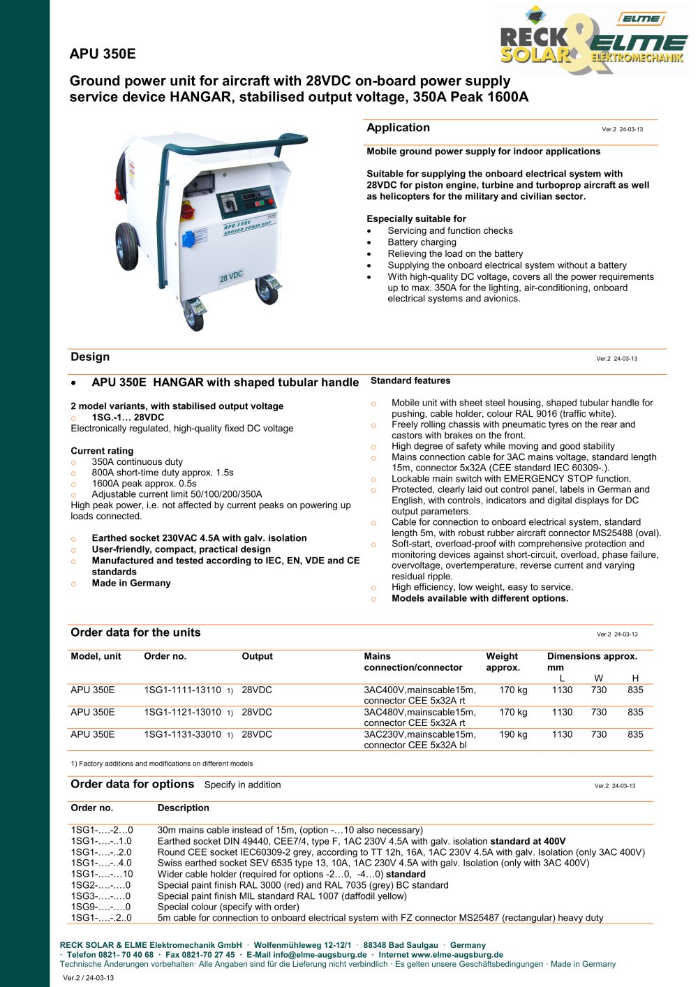 APU 350 E - RECK SOLAR und ELME ELEKTROMECHANIK GmbH